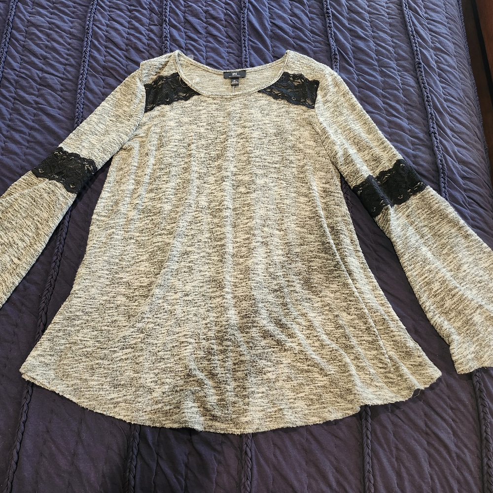 Women's GreenishGray Long Sleeve Top with Black Lace Accents